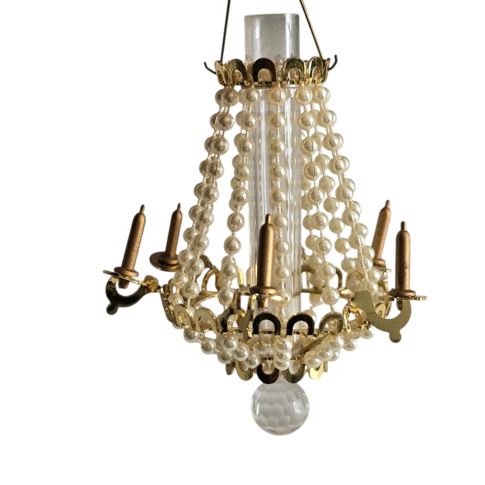 Mini Pearl Chandelier Ornament – Gold Tone & Crystal Drop – 4" Vintage Style - Picture 4 of 5